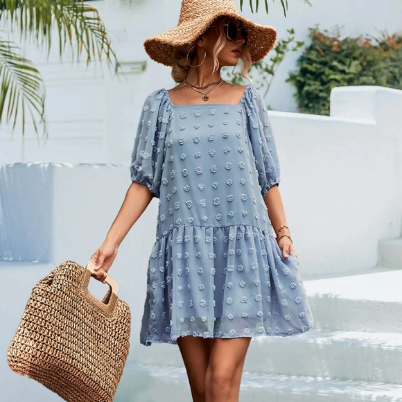 This Lovely Boho style Light Blue Puff Sleeve Dress, size large. Adorable! - Picture 1 of 16